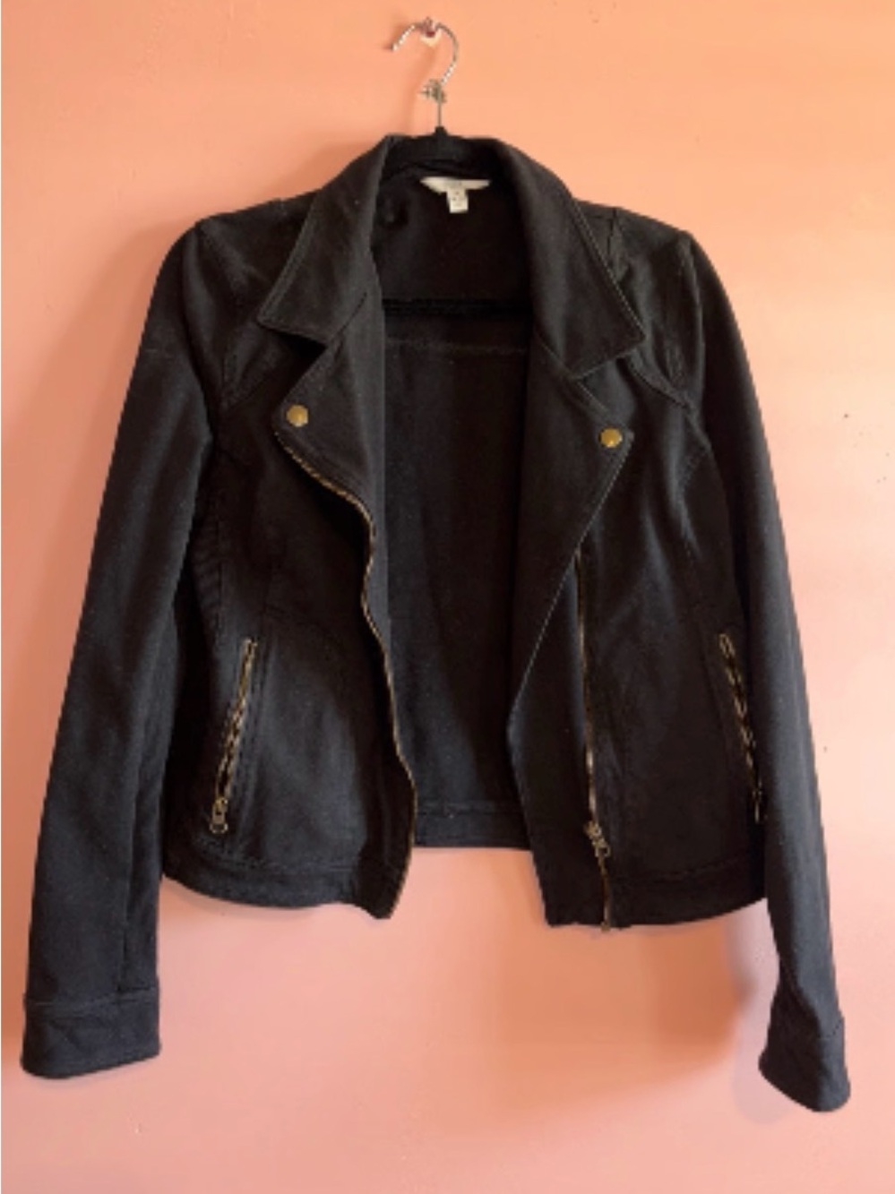 Time and Tru Black Moto Jacket with Gold-Tone Hardware